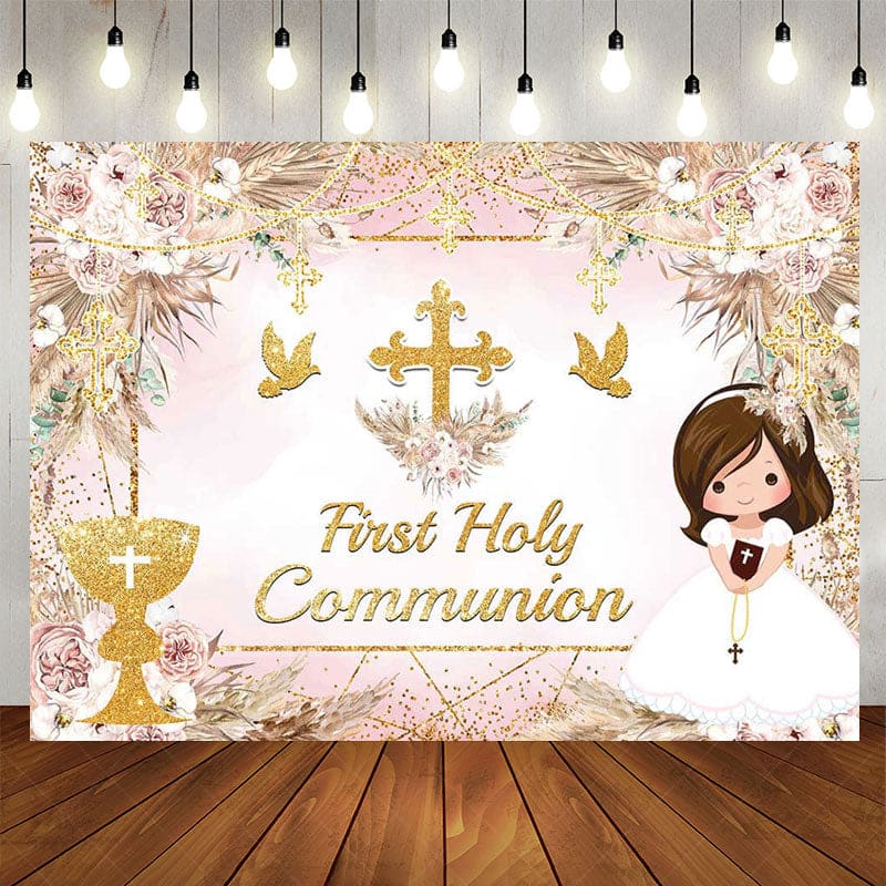 Aperturee - Aperturee Sweet Floral Doves First Holy Communion Backdrop
