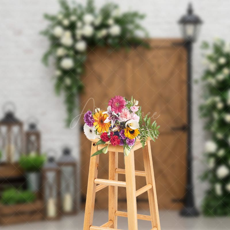 Aperturee - Aperturee Sweet Floral Wooden Door White Brick Wedding Backdrop