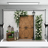 Aperturee - Aperturee Sweet Floral Wooden Door White Brick Wedding Backdrop