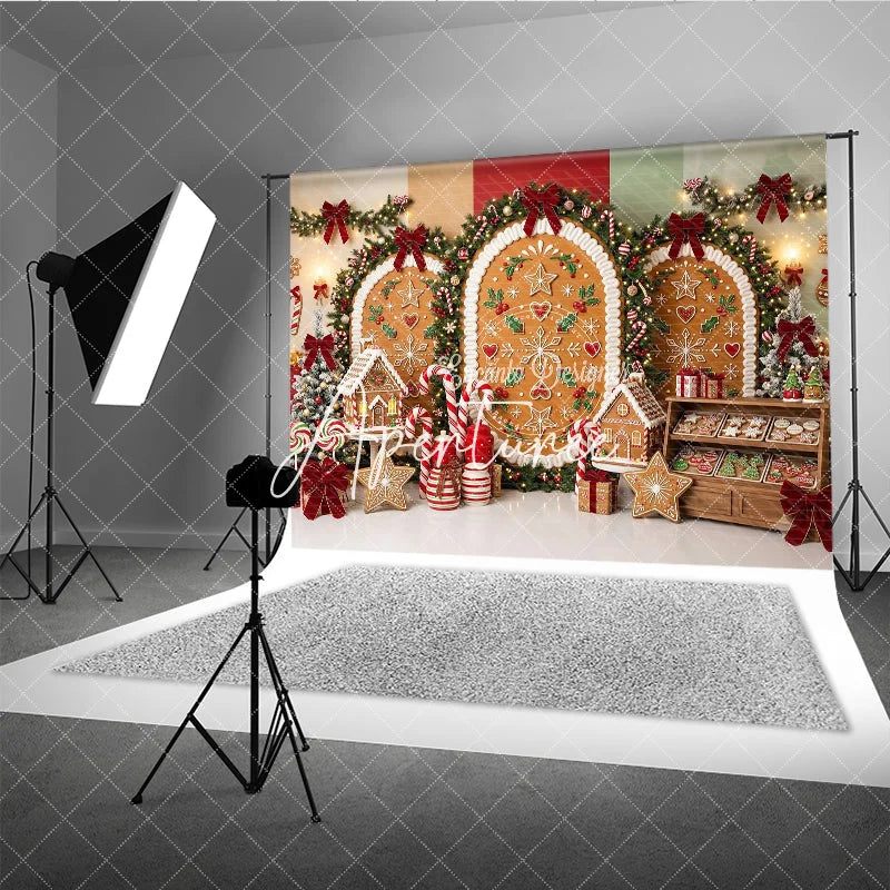 Aperturee - Aperturee Sweet Gingerbread Cookie Arches Holiday Backdrop Festive Candy Cane Christmas Tree and Cookie Party Decor