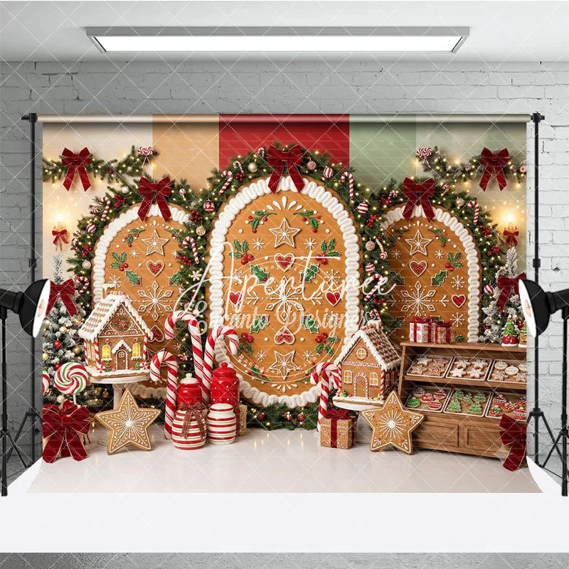 Aperturee - Aperturee Sweet Gingerbread Cookie Arches Holiday Backdrop Festive Candy Cane Christmas Tree and Cookie Party Decor