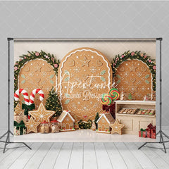 Aperturee - Aperturee Sweet Gingerbread Cookie Holiday Backdrop with Festive Christmas Trees Candy Canes Decor Winter Party Photography