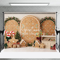 Aperturee - Aperturee Sweet Gingerbread Cookie Holiday Backdrop with Festive Christmas Trees Candy Canes Decor Winter Party Photography