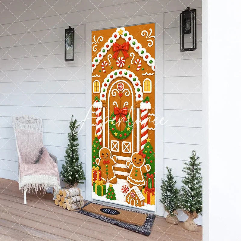 Aperturee - Aperturee Sweet Gingerbread House Christmas Door Cover with Candy Gingerbread Man and Woman Festive Holiday Decor