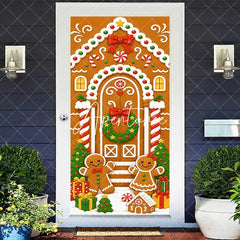 Aperturee - Aperturee Sweet Gingerbread House Christmas Door Cover with Candy Gingerbread Man and Woman Festive Holiday Decor