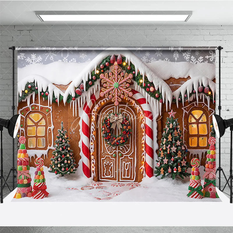 Aperturee - Aperturee Sweet Gingerbread House Christmas Holiday Backdrop with Snow Covered Roof and Candy Trees Winter Wonderland Party