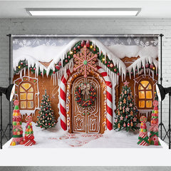 Aperturee - Aperturee Sweet Gingerbread House Christmas Holiday Backdrop with Snow Covered Roof and Candy Trees Winter Wonderland Party