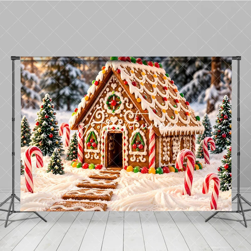 Aperturee - Aperturee Sweet Gingerbread House Holiday Backdrop with Snowy Winter Forest and Candy Canes Festive Christmas Party Decor
