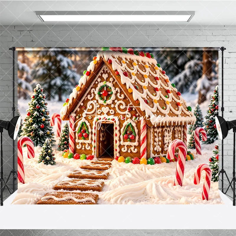 Aperturee - Aperturee Sweet Gingerbread House Holiday Backdrop with Snowy Winter Forest and Candy Canes Festive Christmas Party Decor