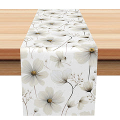 Aperturee - Aperturee Sweet Hand Drawn Floral Table Runner in Soft White and Gray Elegant Botanical Sketch Minimalist Wedding Decor