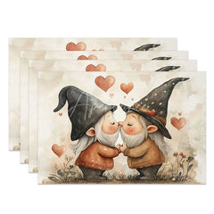 Aperturee - Aperturee Sweet Kissing Gnome Set of 4 Placemats Black Hat Valentine Decoration Watercolor Heart Dining Table Mat