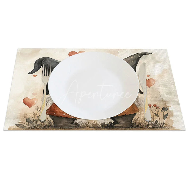 Aperturee - Aperturee Sweet Kissing Gnome Set of 4 Placemats Black Hat Valentine Decoration Watercolor Heart Dining Table Mat