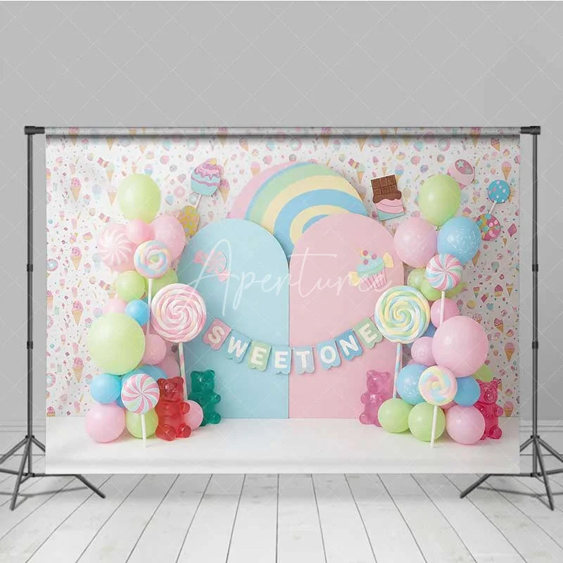 Aperturee - Aperturee Sweet One Candy Photography Backdrop Pastel Lollipops and Gummy Bears Party Decor