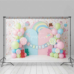 Aperturee - Aperturee Sweet One Candy Photography Backdrop Pastel Lollipops and Gummy Bears Party Decor