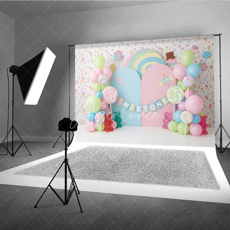 Aperturee - Aperturee Sweet One Candy Photography Backdrop Pastel Lollipops and Gummy Bears Party Decor
