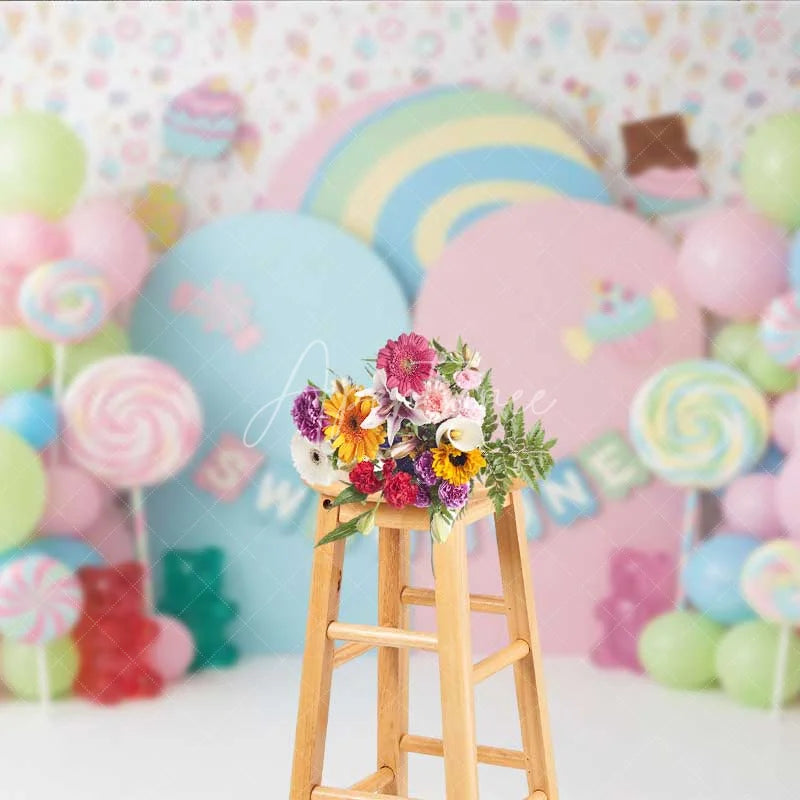Aperturee - Aperturee Sweet One Candy Photography Backdrop Pastel Lollipops and Gummy Bears Party Decor