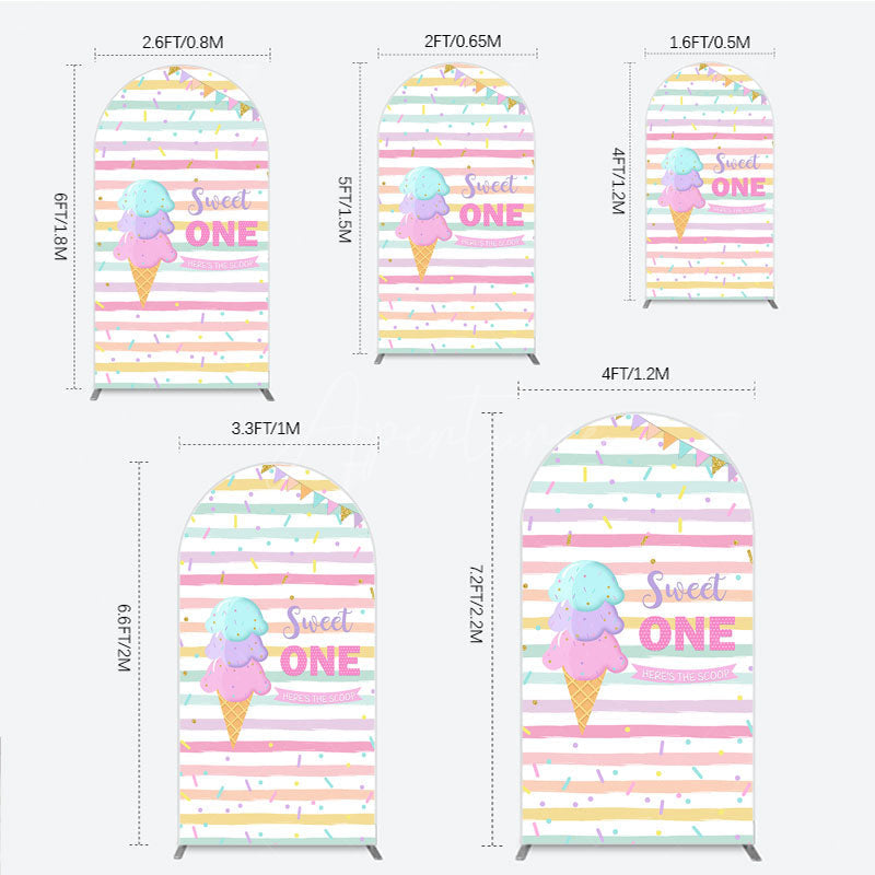 Aperturee - Aperturee Sweet One First Birthday Arch Backdrop for Girl Ice Cream Cone and Sprinkles Pastel Here’s The Scoop Party Banner