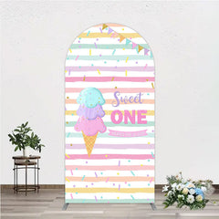 Aperturee - Aperturee Sweet One First Birthday Arch Backdrop for Girl Ice Cream Cone and Sprinkles Pastel Here’s The Scoop Party Banner