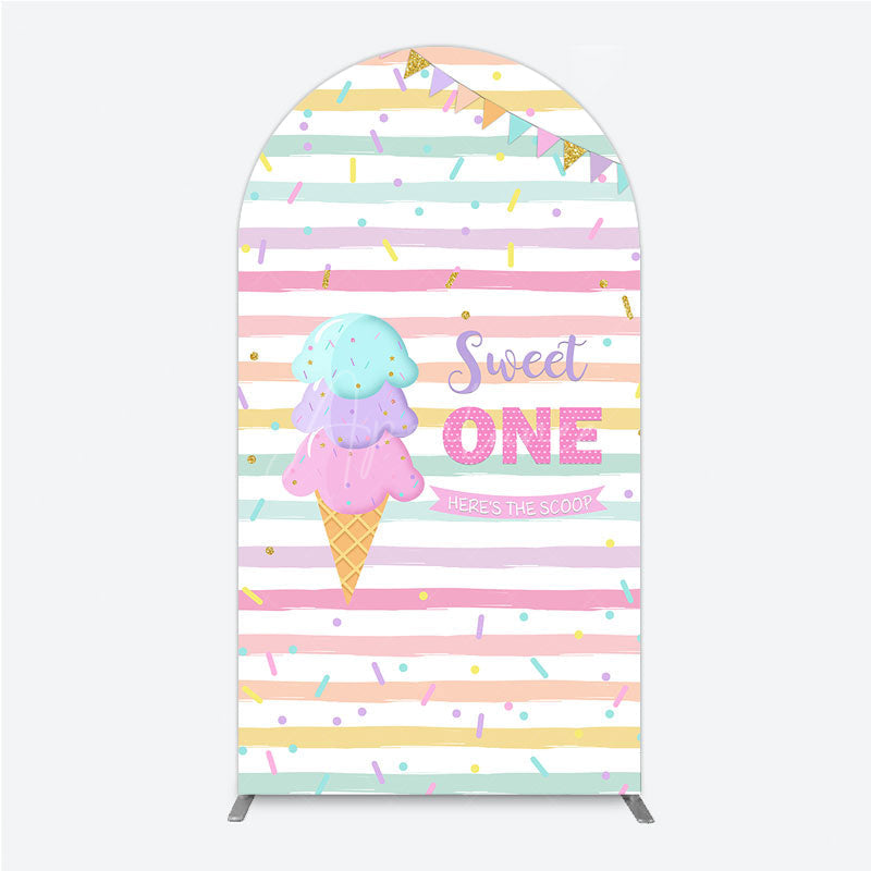 Aperturee - Aperturee Sweet One First Birthday Arch Backdrop for Girl Ice Cream Cone and Sprinkles Pastel Here’s The Scoop Party Banner