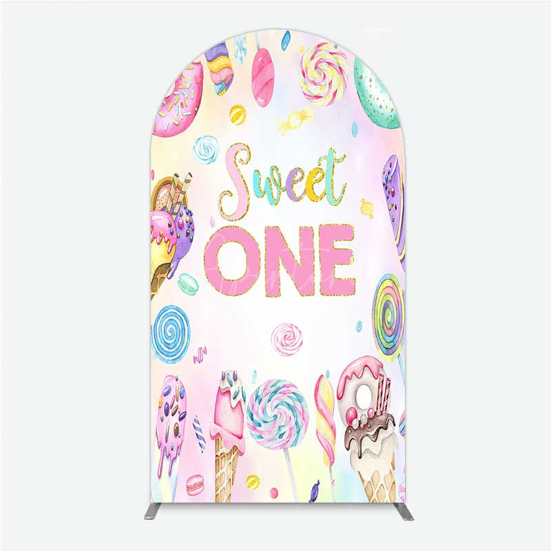 Aperturee - Aperturee Sweet One First Birthday Arch Backdrop Ice Cream and Candy Land Party Girls Donut and Lollipop Photo Prop Decor