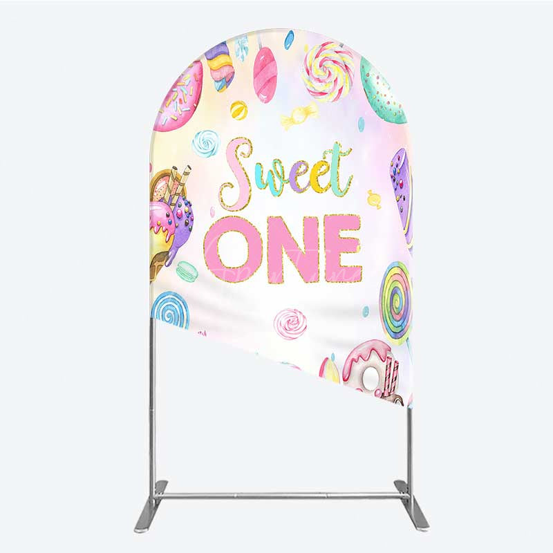 Aperturee - Aperturee Sweet One First Birthday Arch Backdrop Ice Cream and Candy Land Party Girls Donut and Lollipop Photo Prop Decor