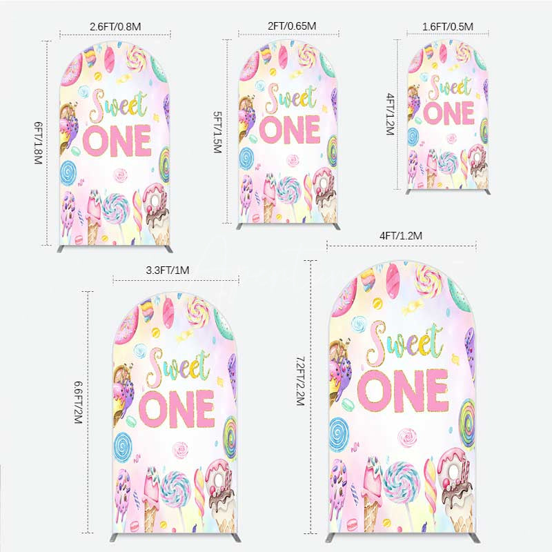 Aperturee - Aperturee Sweet One First Birthday Arch Backdrop Ice Cream and Candy Land Party Girls Donut and Lollipop Photo Prop Decor
