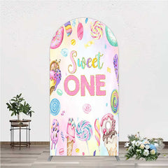 Aperturee - Aperturee Sweet One First Birthday Arch Backdrop Ice Cream and Candy Land Party Girls Donut and Lollipop Photo Prop Decor