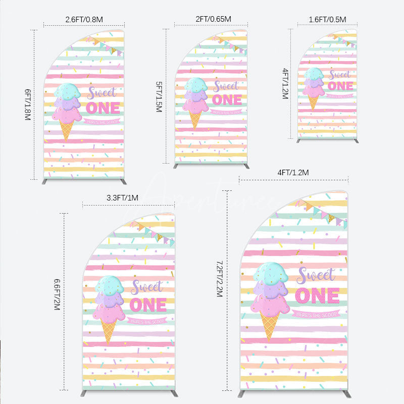Aperturee - Aperturee Sweet One First Birthday Half Moon Arch Backdrop for Girl Ice Cream Cone and Sprinkles Pastel Here’s The Scoop Party