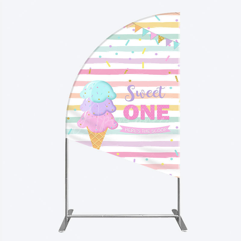Aperturee - Aperturee Sweet One First Birthday Half Moon Arch Backdrop for Girl Ice Cream Cone and Sprinkles Pastel Here’s The Scoop Party