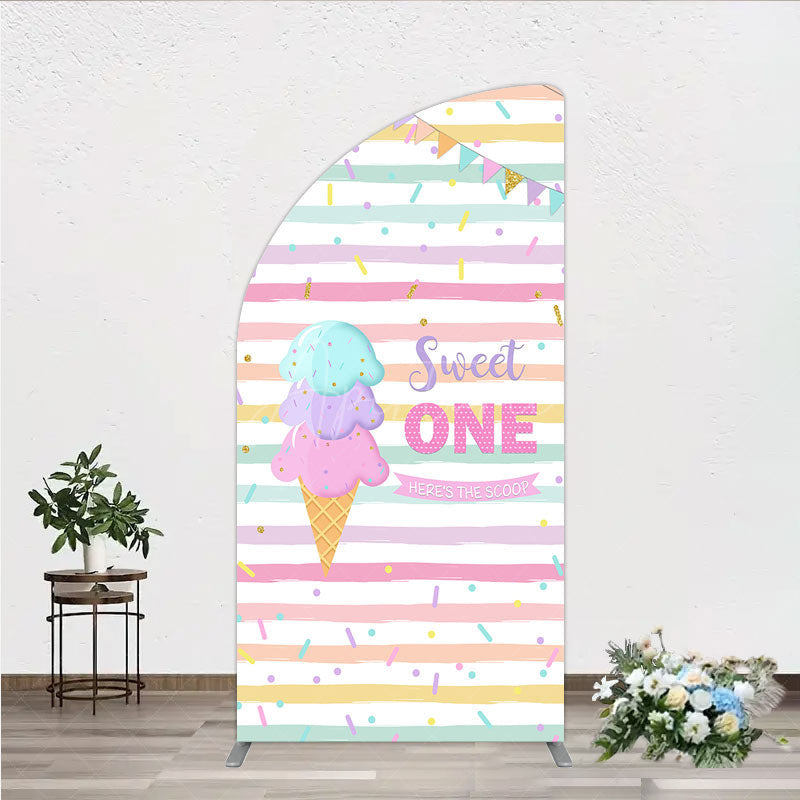 Aperturee - Aperturee Sweet One First Birthday Half Moon Arch Backdrop for Girl Ice Cream Cone and Sprinkles Pastel Here’s The Scoop Party