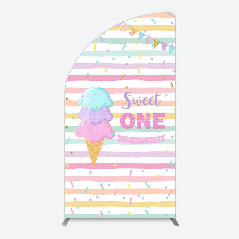 Aperturee - Aperturee Sweet One First Birthday Half Moon Arch Backdrop for Girl Ice Cream Cone and Sprinkles Pastel Here’s The Scoop Party