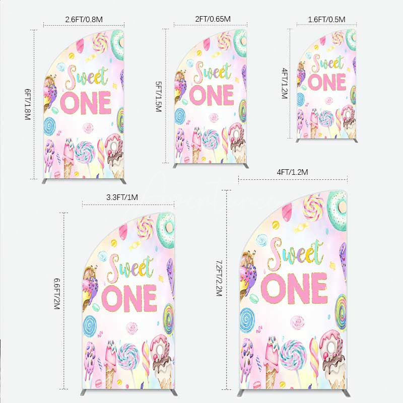 Aperturee - Aperturee Sweet One First Birthday Half Moon Arch Backdrop Ice Cream and Candy Land Party Girls Donut and Lollipop Photo Prop