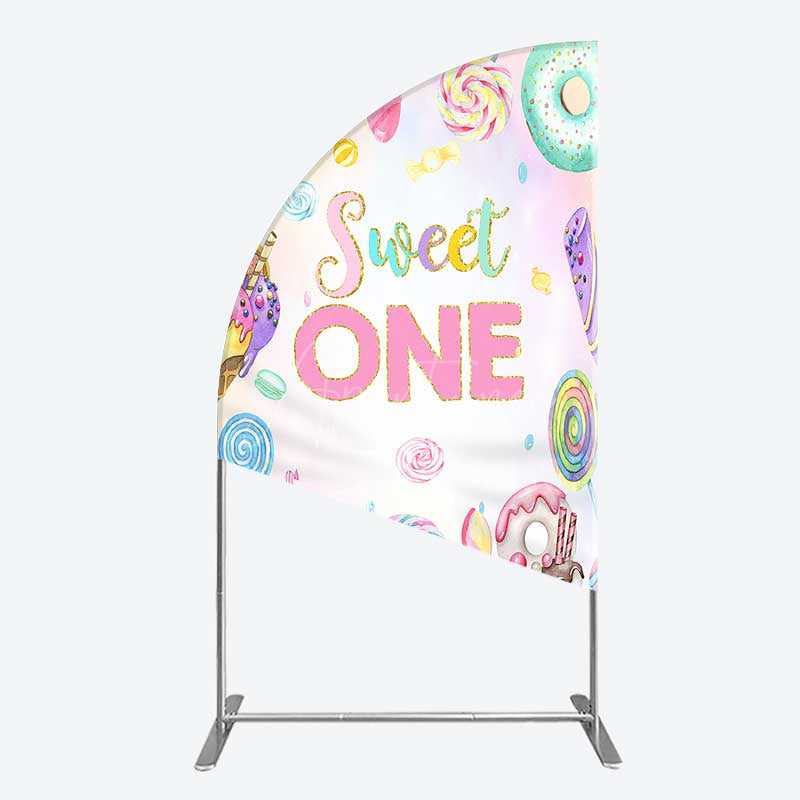 Aperturee - Aperturee Sweet One First Birthday Half Moon Arch Backdrop Ice Cream and Candy Land Party Girls Donut and Lollipop Photo Prop