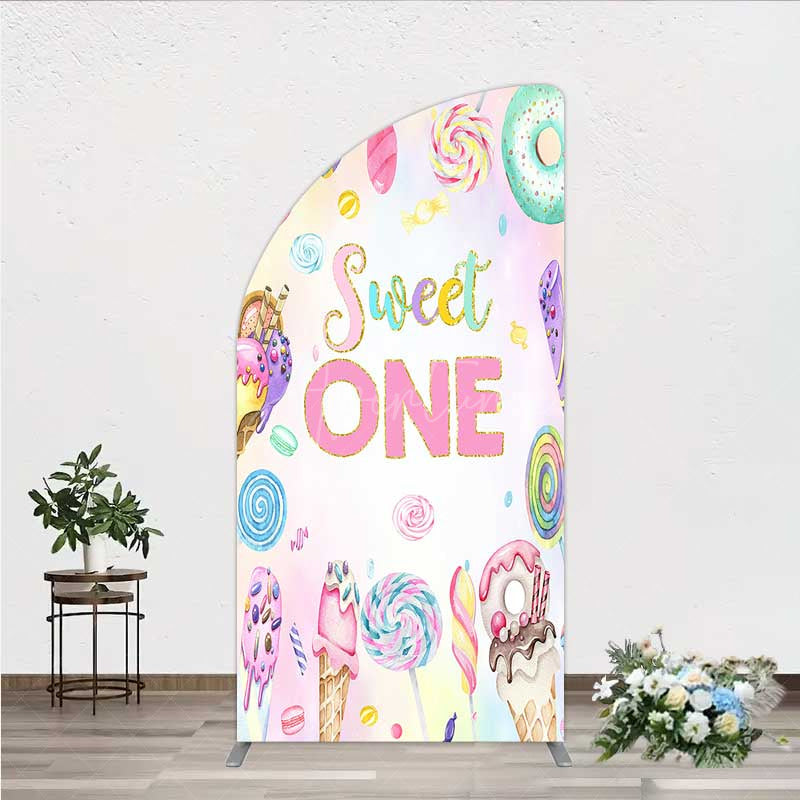 Aperturee - Aperturee Sweet One First Birthday Half Moon Arch Backdrop Ice Cream and Candy Land Party Girls Donut and Lollipop Photo Prop
