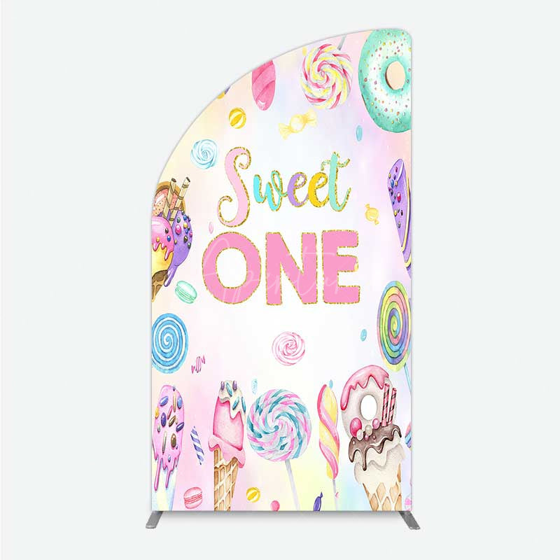 Aperturee - Aperturee Sweet One First Birthday Half Moon Arch Backdrop Ice Cream and Candy Land Party Girls Donut and Lollipop Photo Prop