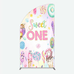 Aperturee - Aperturee Sweet One First Birthday Half Moon Arch Backdrop Ice Cream and Candy Land Party Girls Donut and Lollipop Photo Prop