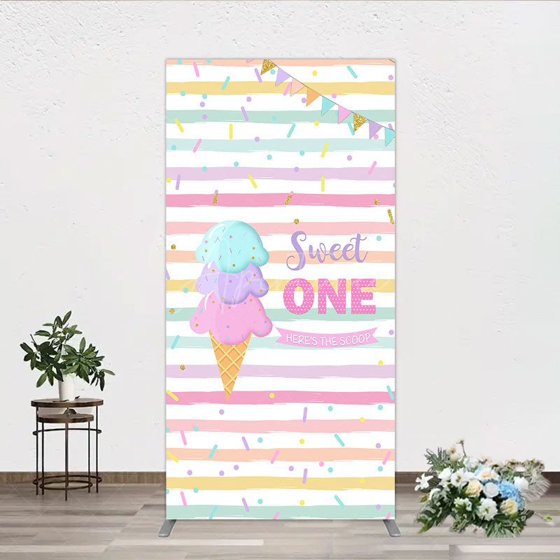 Aperturee - Aperturee Sweet One First Birthday Rectangle Backdrop for Girl Ice Cream Cone and Sprinkles Pastel Here’s The Scoop Party Banner