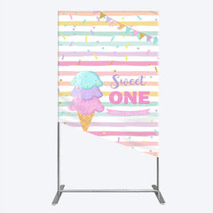 Aperturee - Aperturee Sweet One First Birthday Rectangle Backdrop for Girl Ice Cream Cone and Sprinkles Pastel Here’s The Scoop Party Banner