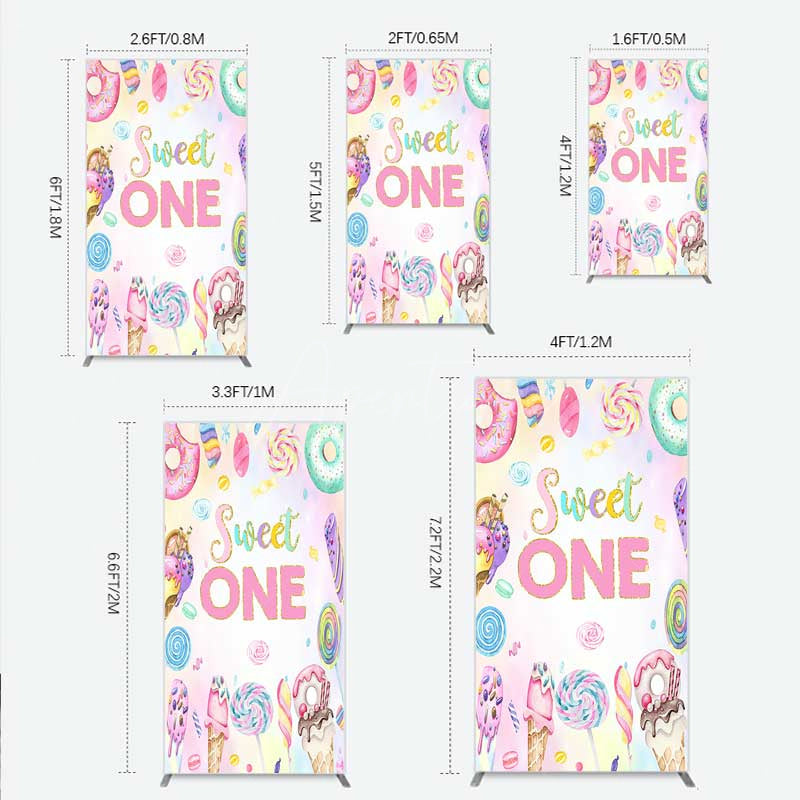 Aperturee - Aperturee Sweet One First Birthday Rectangle Backdrop Ice Cream and Candy Land Party Girls Donut and Lollipop Photo Prop Decor