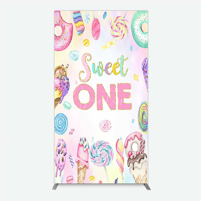 Aperturee - Aperturee Sweet One First Birthday Rectangle Backdrop Ice Cream and Candy Land Party Girls Donut and Lollipop Photo Prop Decor