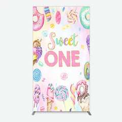 Aperturee - Aperturee Sweet One First Birthday Rectangle Backdrop Ice Cream and Candy Land Party Girls Donut and Lollipop Photo Prop Decor