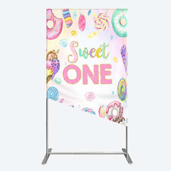 Aperturee - Aperturee Sweet One First Birthday Rectangle Backdrop Ice Cream and Candy Land Party Girls Donut and Lollipop Photo Prop Decor