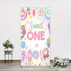 Aperturee - Aperturee Sweet One First Birthday Rectangle Backdrop Ice Cream and Candy Land Party Girls Donut and Lollipop Photo Prop Decor