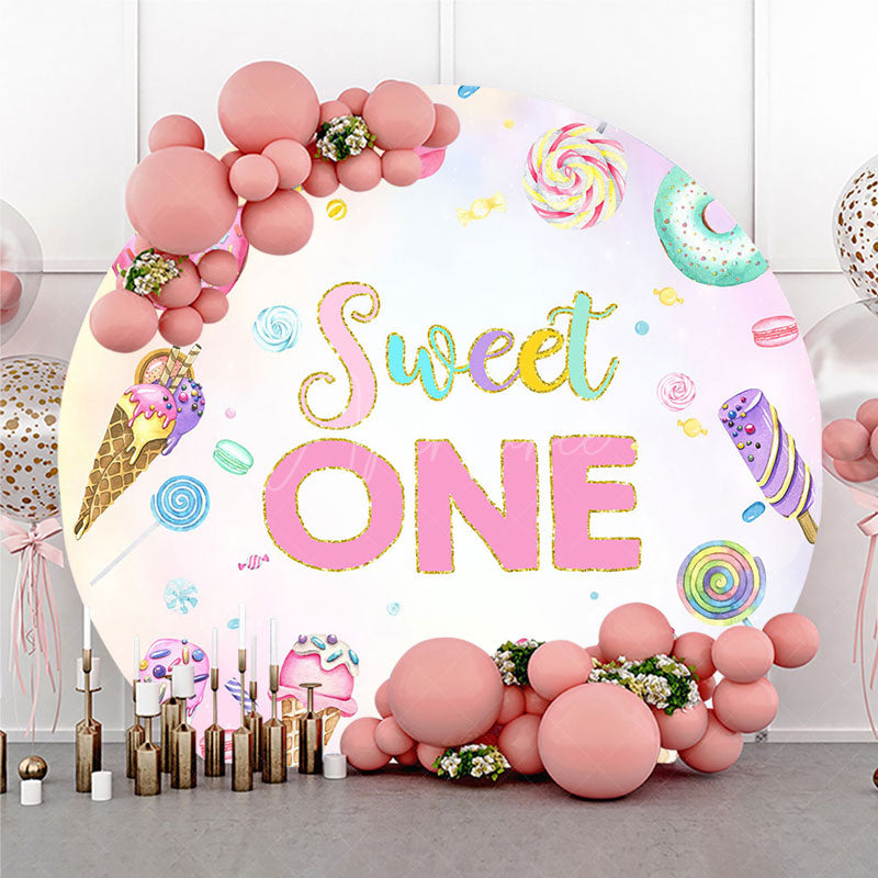 Aperturee Aperturee Sweet One First Birthday Round Backdrop Ice Cream and Candy Land Party Girls Donut and Lollipop Photo Prop Decor