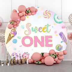 Aperturee Aperturee Sweet One First Birthday Round Backdrop Ice Cream and Candy Land Party Girls Donut and Lollipop Photo Prop Decor