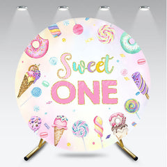 Aperturee Aperturee Sweet One First Birthday Round Backdrop Ice Cream and Candy Land Party Girls Donut and Lollipop Photo Prop Decor