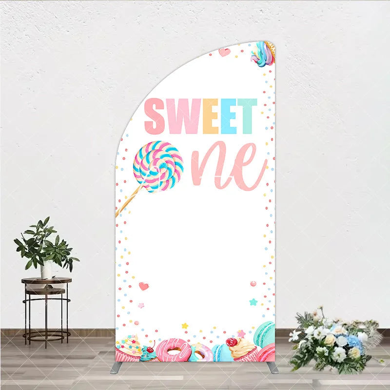 Aperturee - Aperturee Sweet One Pastel Candy Dessert Half Moon Arch Backdrop Colorful First Birthday Party Decoration