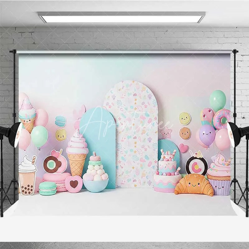 Aperturee - Aperturee Sweet One Sweets Photography Backdrop Pastel Ice Cream and Donut Birthday Background