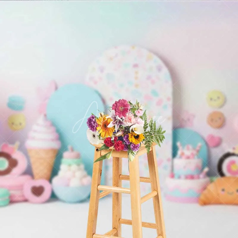 Aperturee - Aperturee Sweet One Sweets Photography Backdrop Pastel Ice Cream and Donut Birthday Background