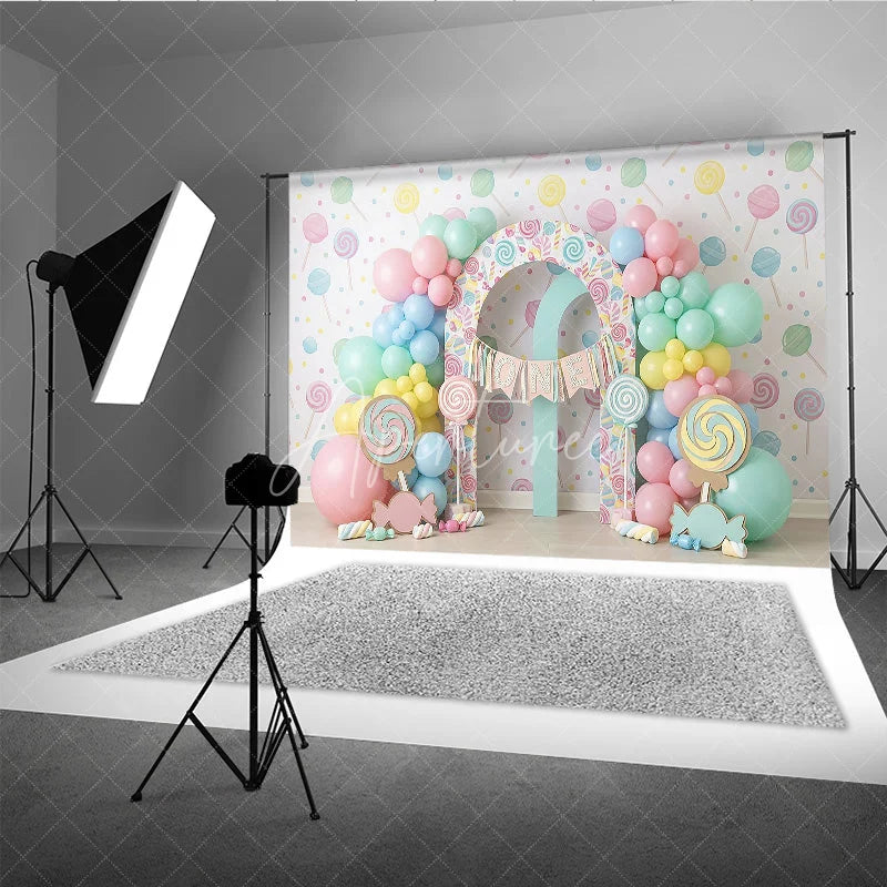 Aperturee - Aperturee Sweet Pastel Candy Land First Birthday Photography Backdrop Lollipops Balloons and ONE Arch Decor